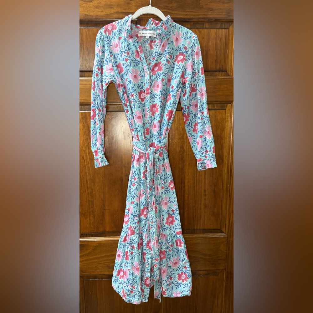 Elegant Floral Long Sleeve Dress in Pink and Blue